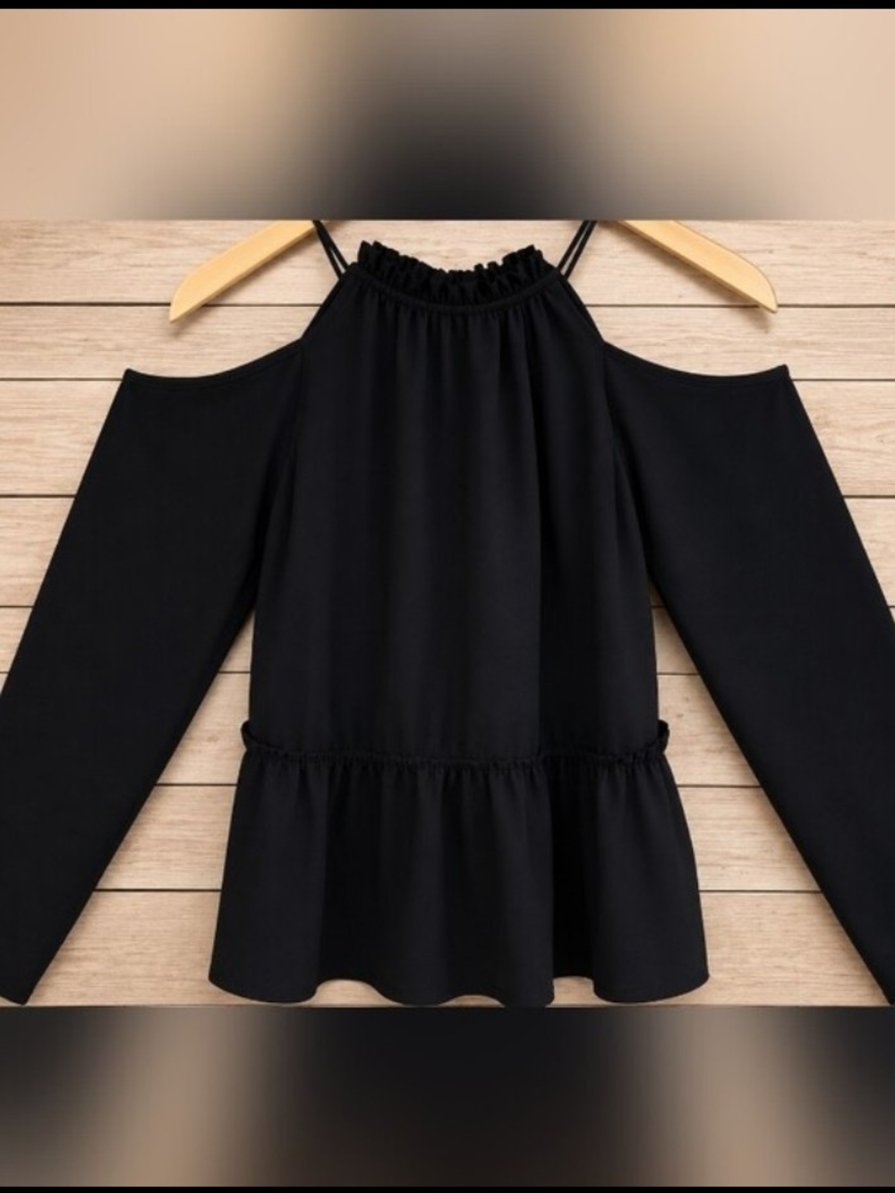 Tavik Black Cold Shoulder Peplum Blouse Halter Ruffle Top Goth Chic Size Medium
